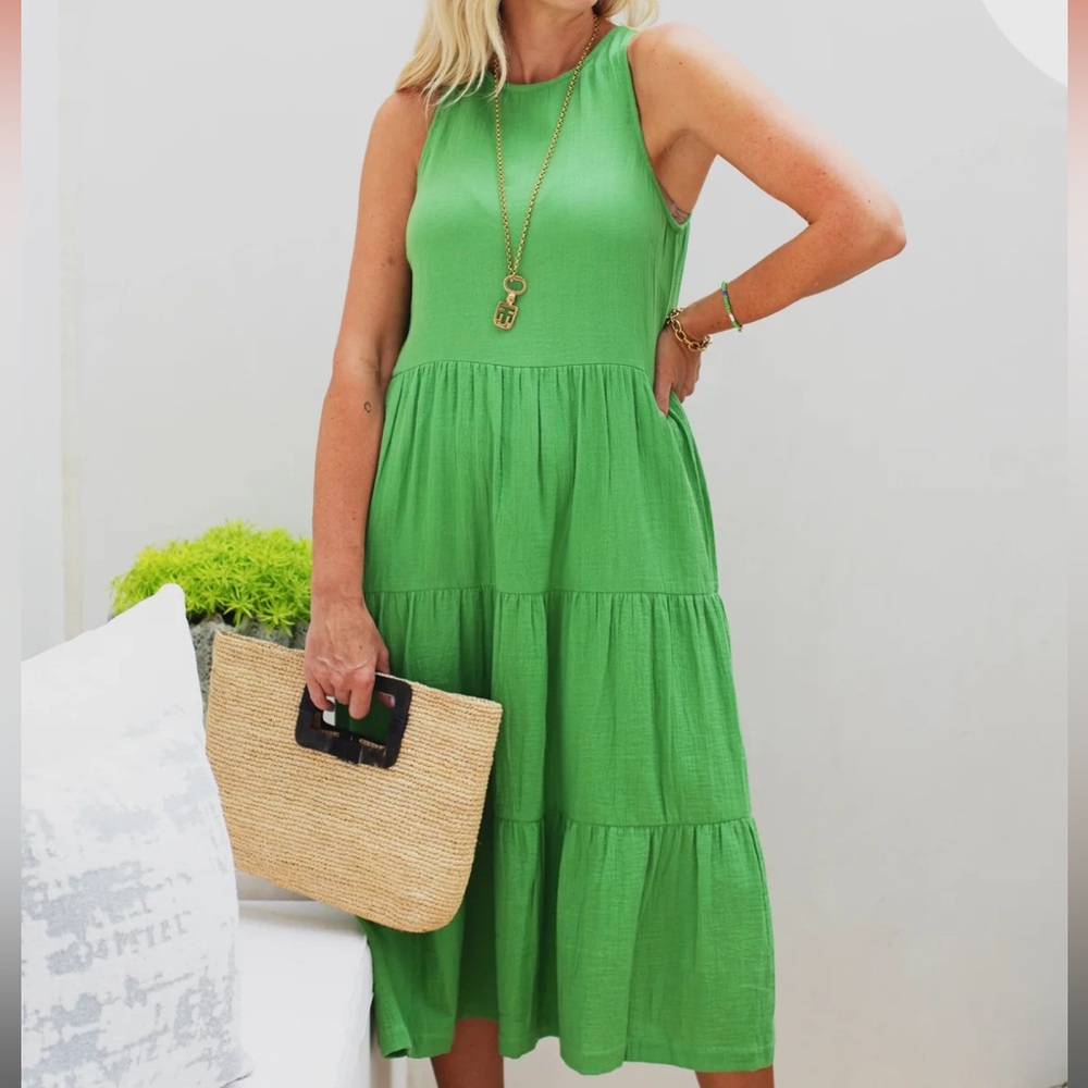 Ex Voto Etta Midi Sundress in Meadow Green Gauge Cotton Dleeveless Tie Back XS/S